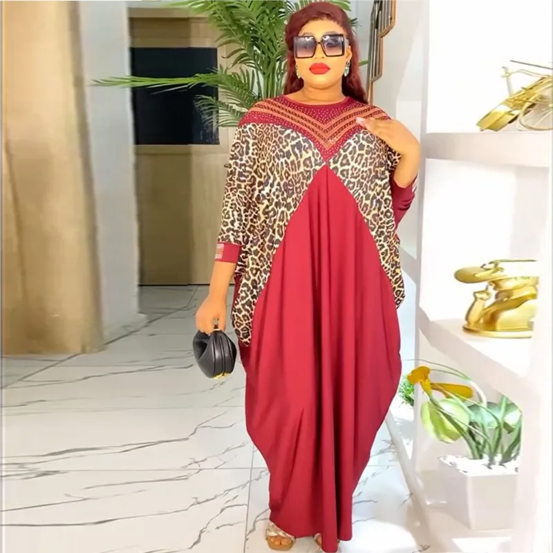 

Chiffon Diamond Muslim Abaya Dubai Loose Big Size Leopard Long Robe Fashion African Dresses For Women Printed Boubou Maxi Dress