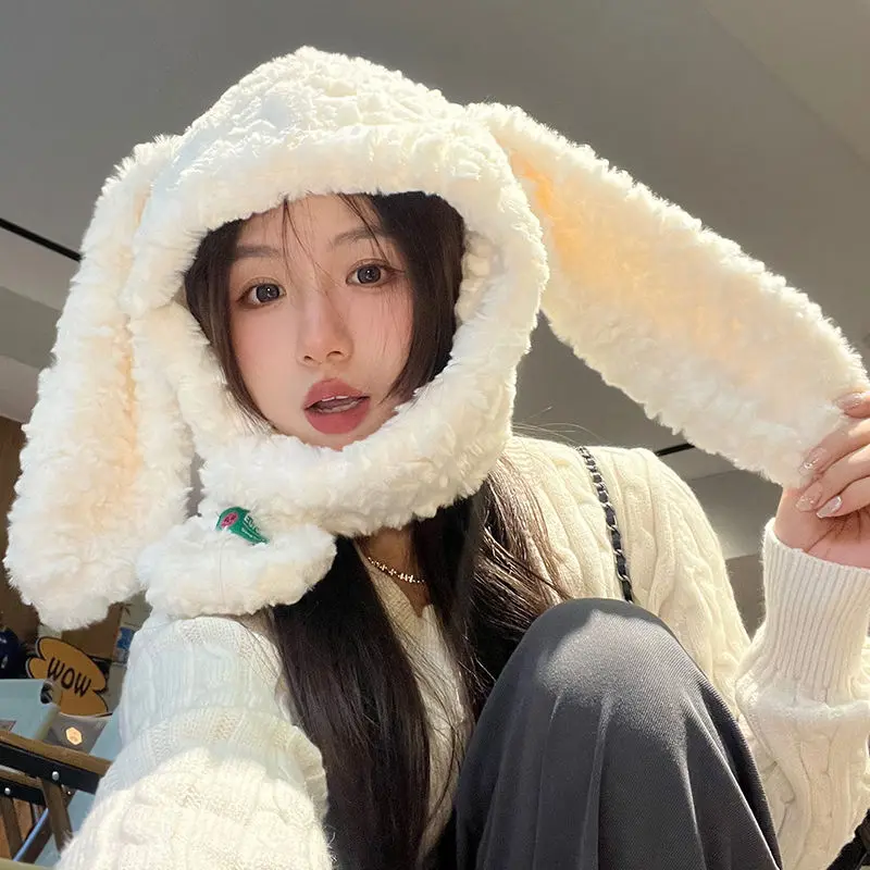 

Cute Rabbit Ears Plush Hat for Children To Keep Warm in Winter, Thickened and Anti Cold Wrap Neck Integrated Ear Protection Hat