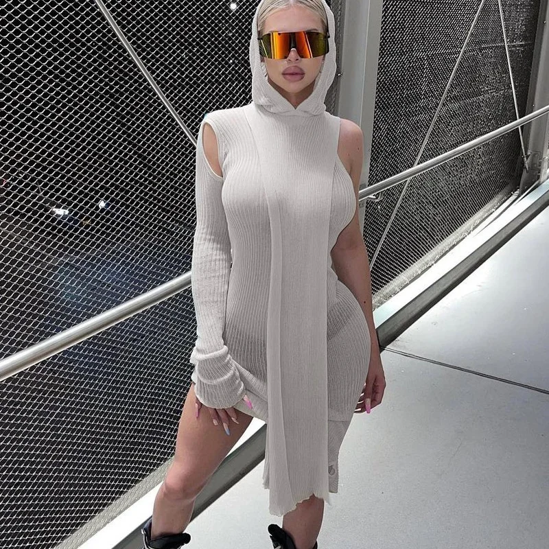 

Women's Fashion See-through Irregular One-shoulder Long-sleeved Hooded Dress