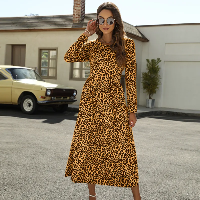 

Plus-size 5xl Women's Fashion Women's Vintage Leopard Print Dress Crew-neck Long Sleeve Casual Pleated Full Skirt