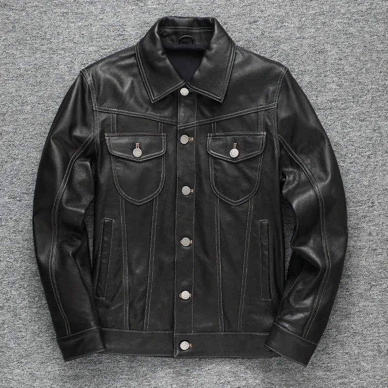 

Кожаная куртка из натуральной овечьей кожи, весенние модные повседневные мотоциклетные приталенные тонкие пальто с лацканами, мужская кожаная мужская модель