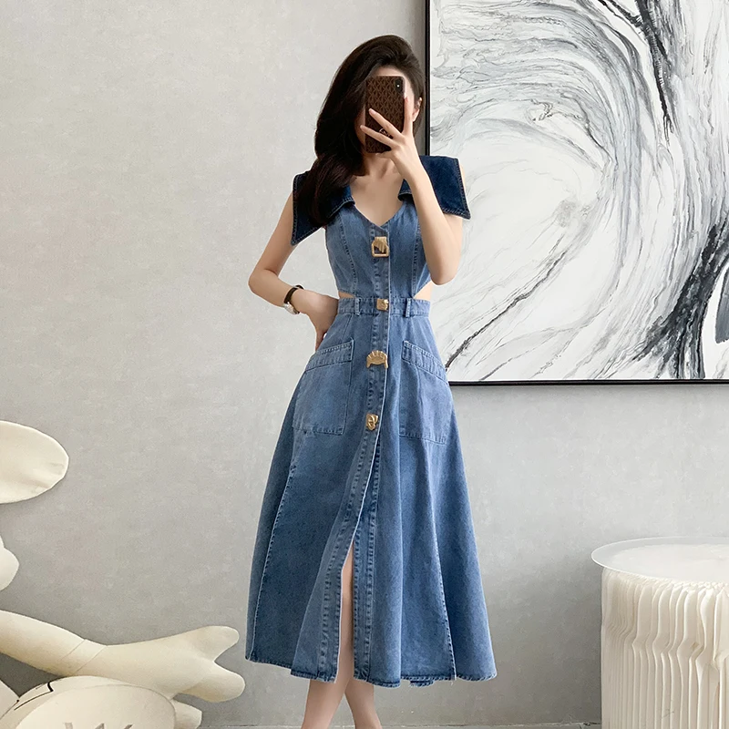 RONRON★韓国★NON FADE POCKET HEART POINT DENIM DRESS NON FADE POCKET HEART POINT DENIM DRESS INDIGO BLUE - RONRON