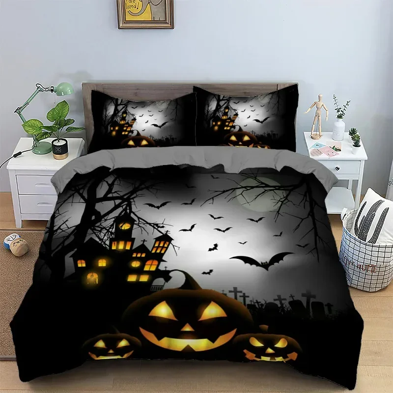 Three piece set of cross-border foreign trade European and American size bedding, witch pumpkin lantern quilt GREY