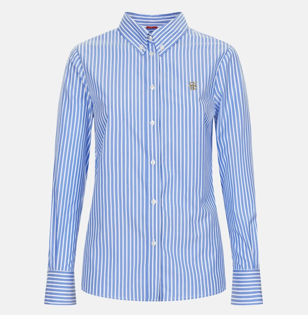 CH Neue Trend Mode Hemd Hohe Qualität Blau und Weiß Vertikale Streifen Marke Brief Label Zubehör frauen Langarm Hemd – Detail 6