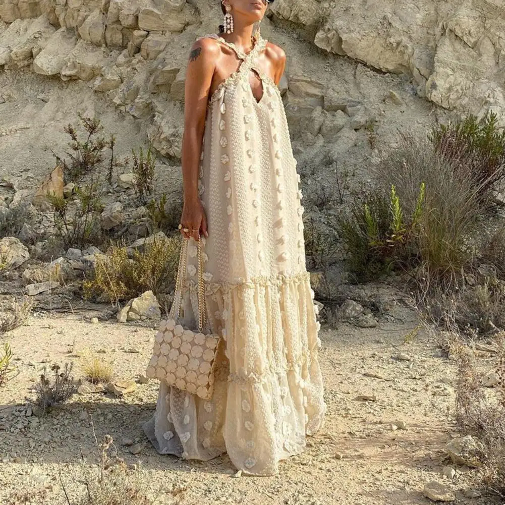 

Sleeveless Halter Maxi Dress Backless Ruffle Large Hem Beach Dress Flower Decor Halter Women Long Dress Holiday Sundress платье