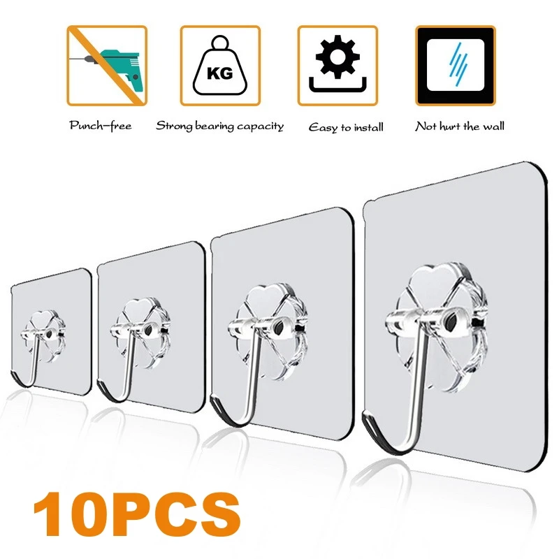 10pcs Transparent Stainless Steel Strong Self Adhesive Hooks Key Storage  Hanger For Kitchen Bathroom Door Wall Multi-Function