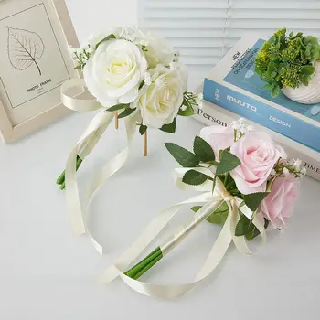 Bouquet da Sposa in Fiori di Seta, Fiori Artificiali con Fiocco, Bouquet Multifunzionale Preconfezionato per la Sposa