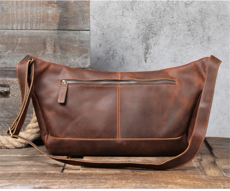 Natural genuine leather super large capacity men's chest bag vintage designer crazy horse cowhide big shoulder crossbody bag