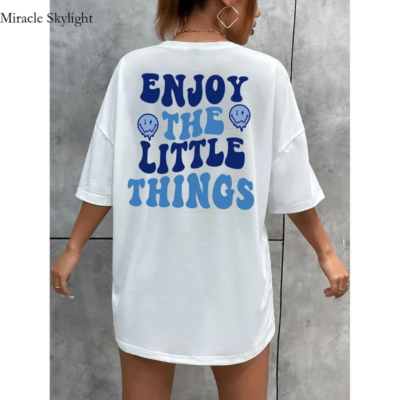 Enjoy The Little Things Slogan Letter Printed Women T-Shirts Loose Oversized Clothing Personality Street Casual Short Sleeves