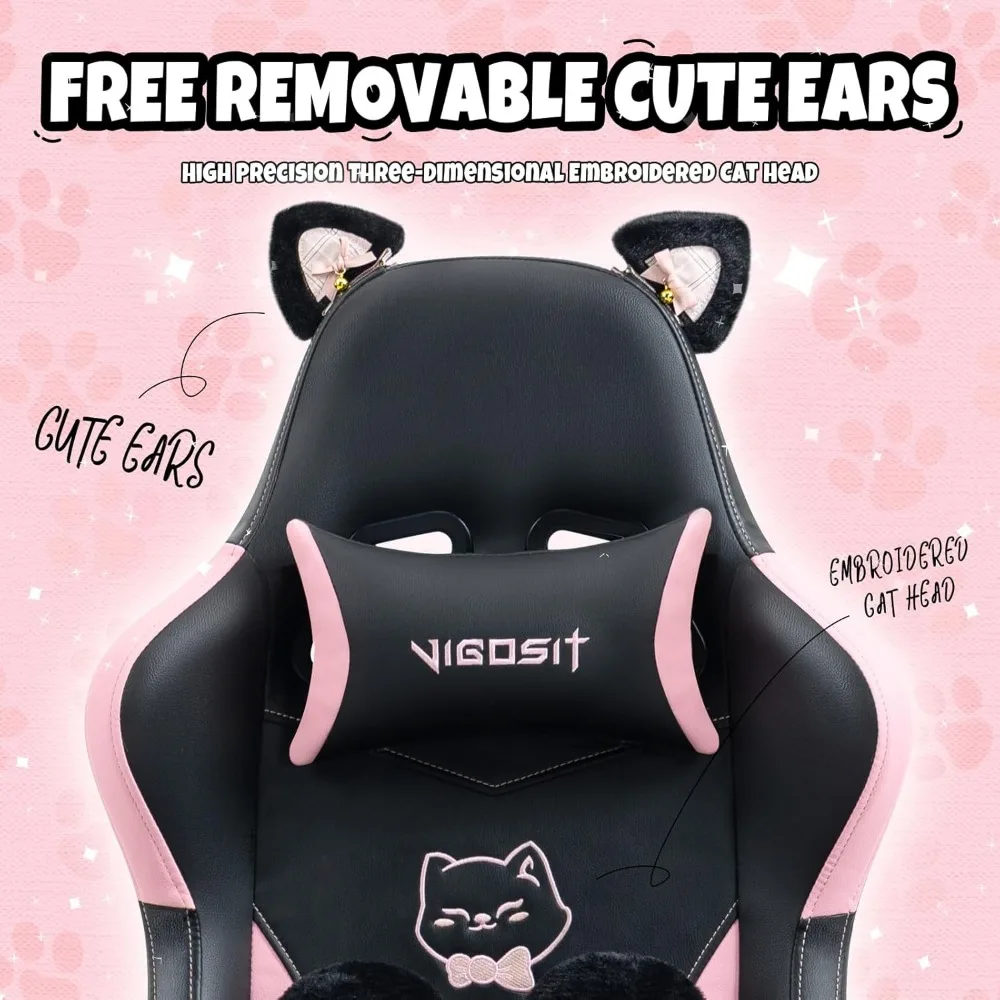 Cute Gaming Chair with Cat Paw Lumbar Cushion and Cat Ears, Ergonomic Computer Chair with Footrest, Reclining PC Game Chair for 6