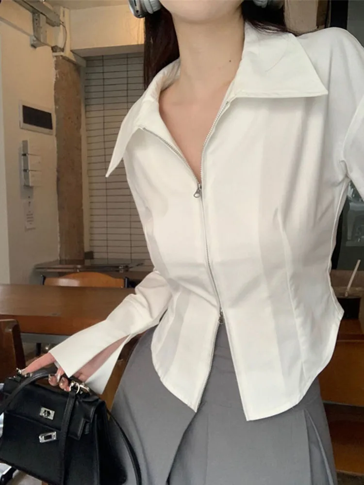 Spring Fall Sexy Zipper Women's White Shirt Fashion Solid Long Sleeve Cardigan Blouse 2024 New French Lapel Slim Female Clothing