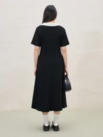 DUSHU 2025 Summer Plus Size Women’s Color Block Collar Adjustable Waist Dress – Slimming Black Casual Polo-Inspired Maxi Outfit