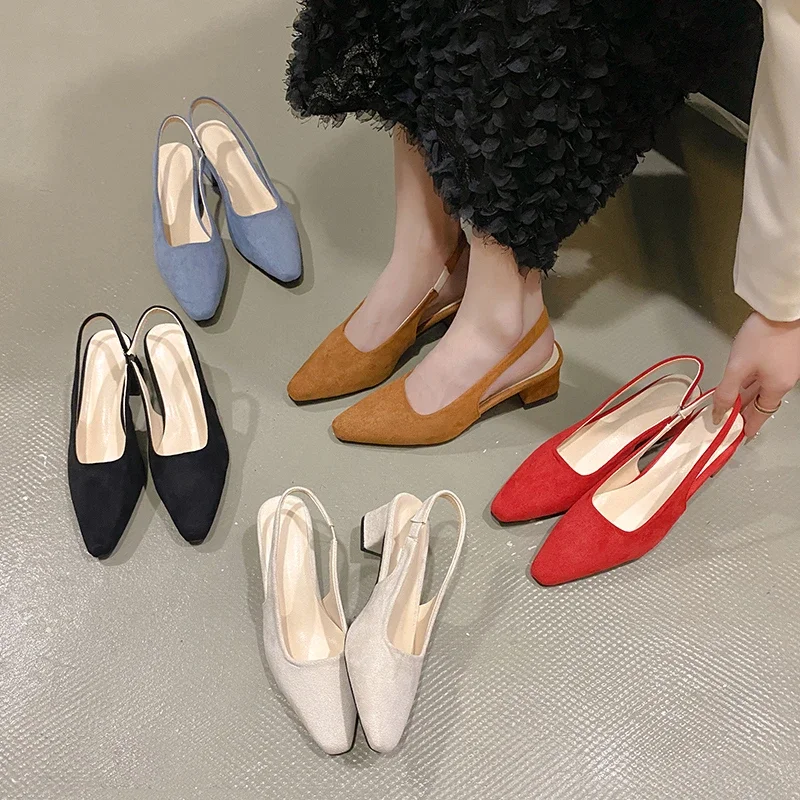 Women Suede Low-heeled Slingbacks High Heels Fashion Classics Sexy Dress Pumps Pointed Toe Solid Color Sandals women slingback sandals women high heels shoes women dress shoes