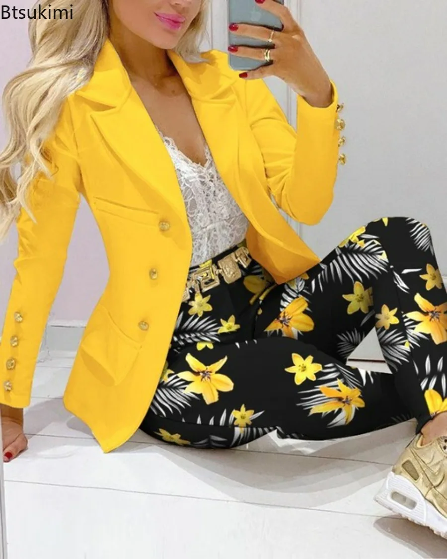 

2023 Two Piece Pant Suits Set Women Clothes For Ladies Outfits Lapel Collar Double Breasted Blazer Suit Pants Set Formal Sets