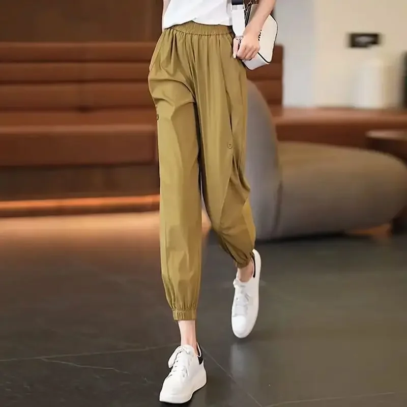 2023 Fashion New Pants Women Summer Thin Loose Solid Color Versatile Large Casual Elasticity Waist Straight Leg Lantern Trousers