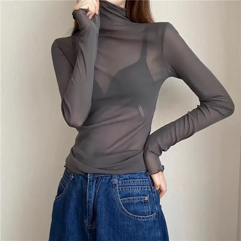 ตัวเลือกสินค้า เสื้อเซ็กซี่คอสูงตาข่าย แขนยาว เนื้อผ้าลื่นสีดำ ขาว น้ำตาล