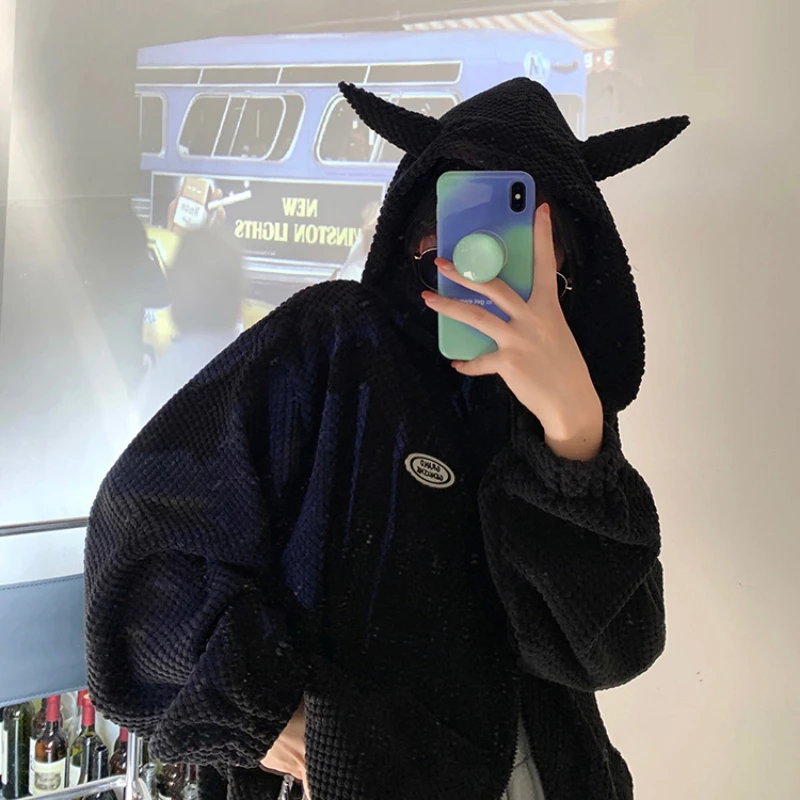 Women's Monochromatic Long Sleeved Hooded Sweater Zipper Jacket Kawaii Clothes Korean Autumn and Winter