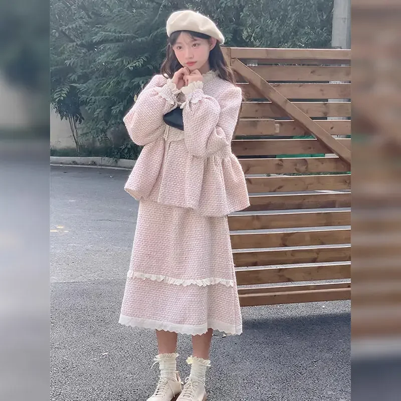 

Retro Gentle Style Short Jacket Autumn and Winter New Versatile Skirt Set Sweet Two-piece Princess Dress Long Skirt Puff Sleeves