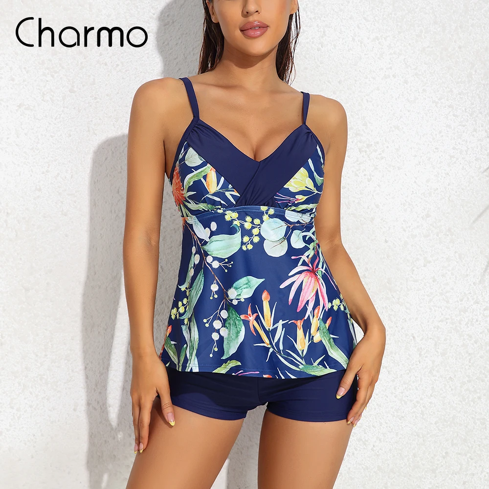 Charmo Two Pieces Tankini Set For Women Retro Print V Neck Swimsuit