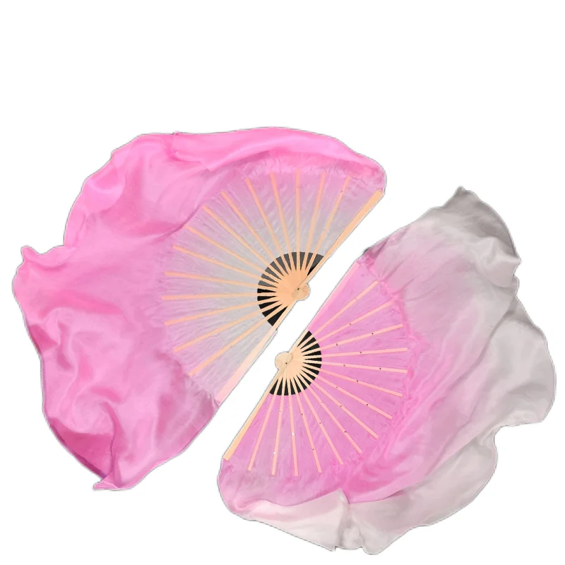 

Pink White Gradient Chinese Silk Fan Fusion 1 PairBelly Dance Performance Silk Veil Bamboo Folding Fan Extra Long Light Weight