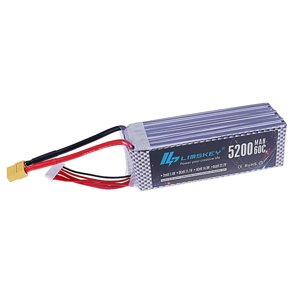 Connecteurs XT60 et XT90 sur batterie drone 7200mAh, détail des câbles épais pour haute capacité.