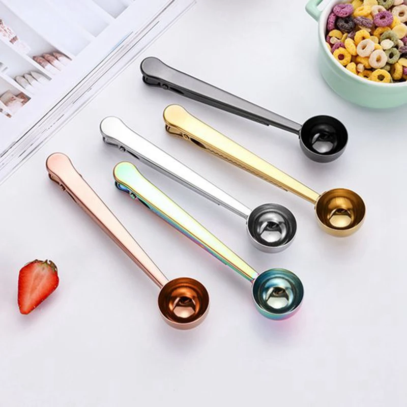 

5 Piece Coffee Scoop Clip 2-In-1 Coffee Measuring Spoon Stainless Steel With Sealing Clips Long Handle Spoon Bag Clip