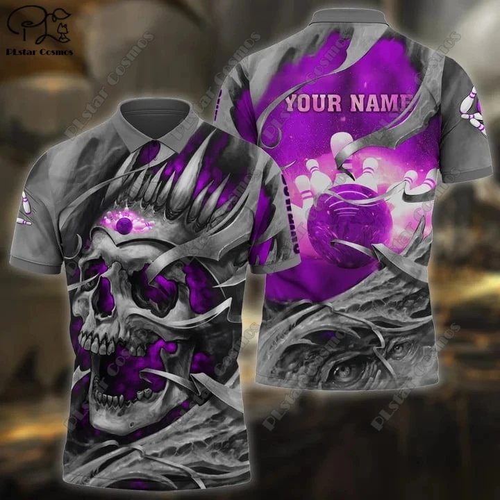 

Bowling Pins Skull Flames Custom Name 3D POLO Shirts Summer T-Shirts Unisex Gifts Indoor Sports Collection