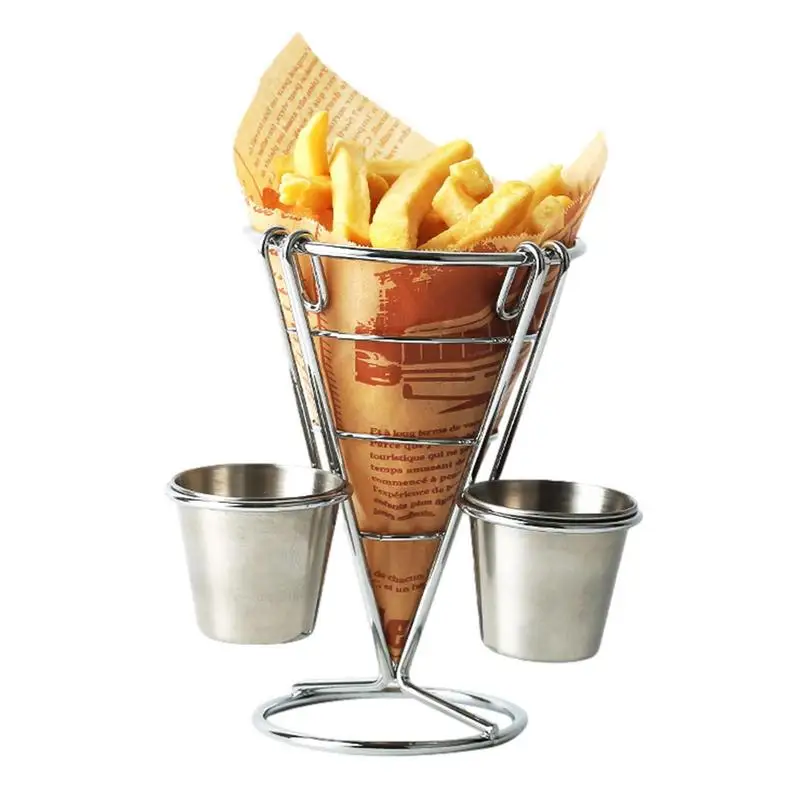

French Fries Stand Cone Basket Fish And Chips And Appetizers Stand With Sauce Dippers Stainless Steel French Fries Chips Holder