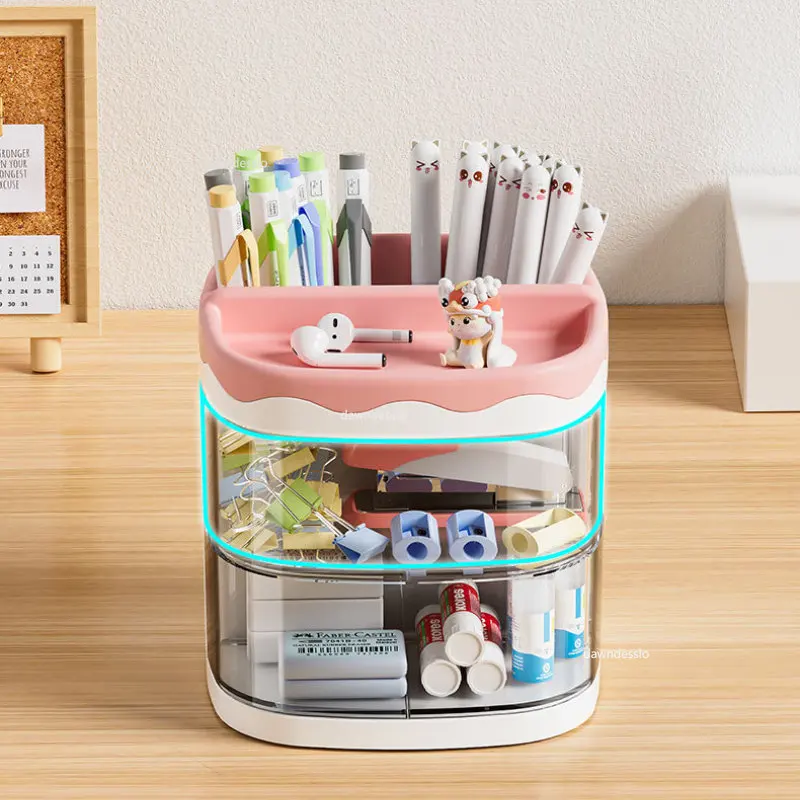 Practical Multi-Functional Desk Organizer Pen Holder Double Layers Rotating Pencils Storage Rack Student Cosmetics Storage Shelf 3