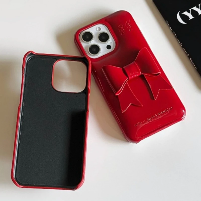 Korean Vintage Red 3D Bowknot Leather Case - Creative Glossy Soap Soft Cover