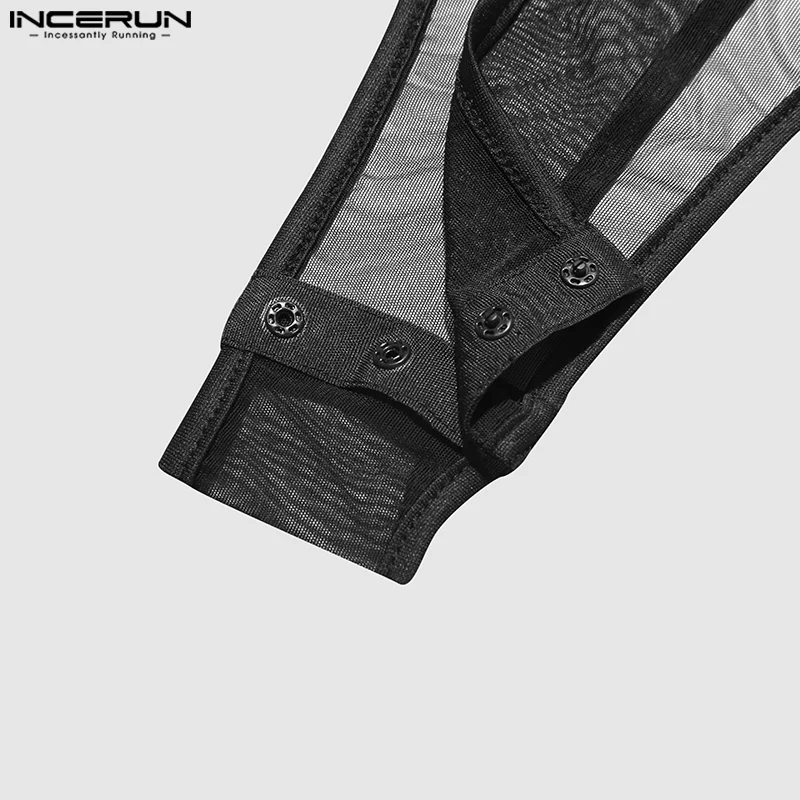Men Bodysuits Men Bodysuits Mesh Patchwork O-neck Long Sleeve Sexy Rompers Male T Shirts Fitness Transparent Fashion Bodysuit INCERUN