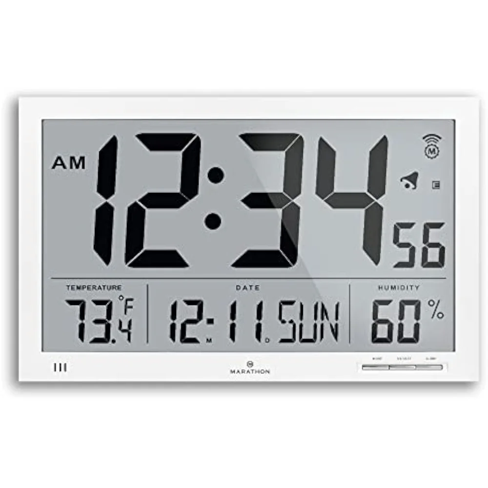 

MARATHON Slim Jumbo Atomic Wall Clock, White - Large, 15-Inch Display - Alarm, AM/PM or 24-Hour Time, Four Time Zones, Indoor