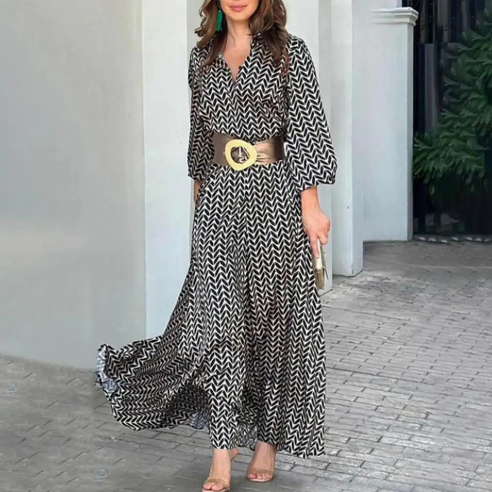 

Loose Women Dress V Neck Color Matching Long Sleeve Printed Loose Tight High Waist Belt Ankle Length Party Commute Maxi Dress