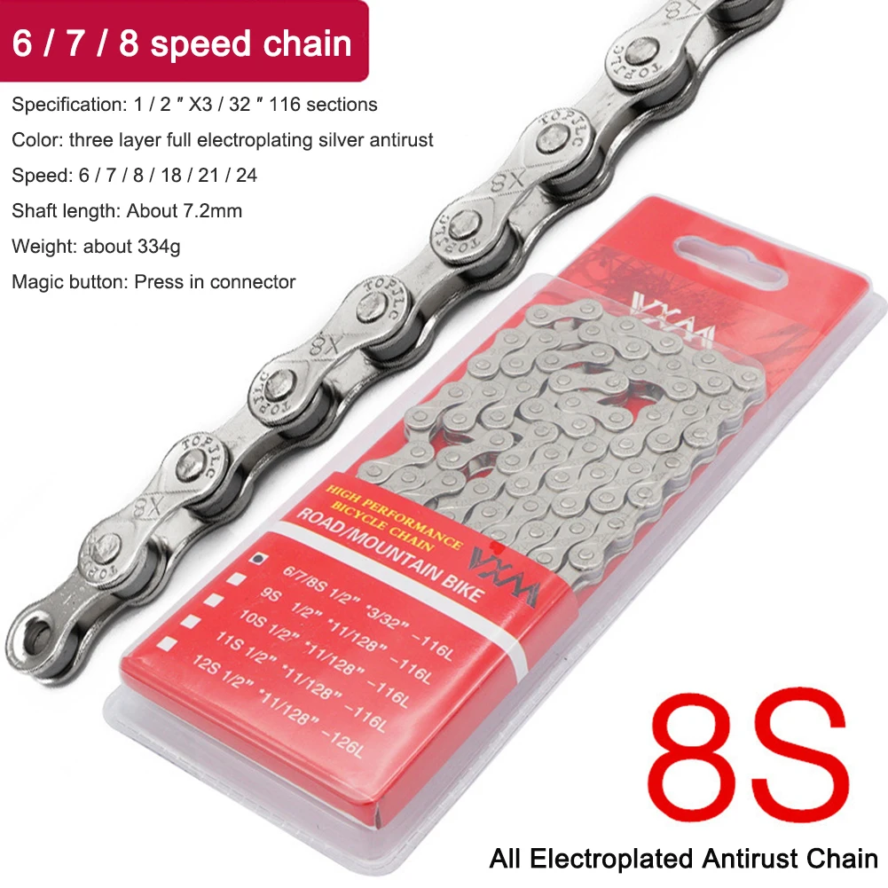 MTB Half Hollow Bicycle Chain Links Racing Chain 6 7 8 Speed Carbon Steel Bicycle 1/2 x 2/32 inch 116 Links Cycling