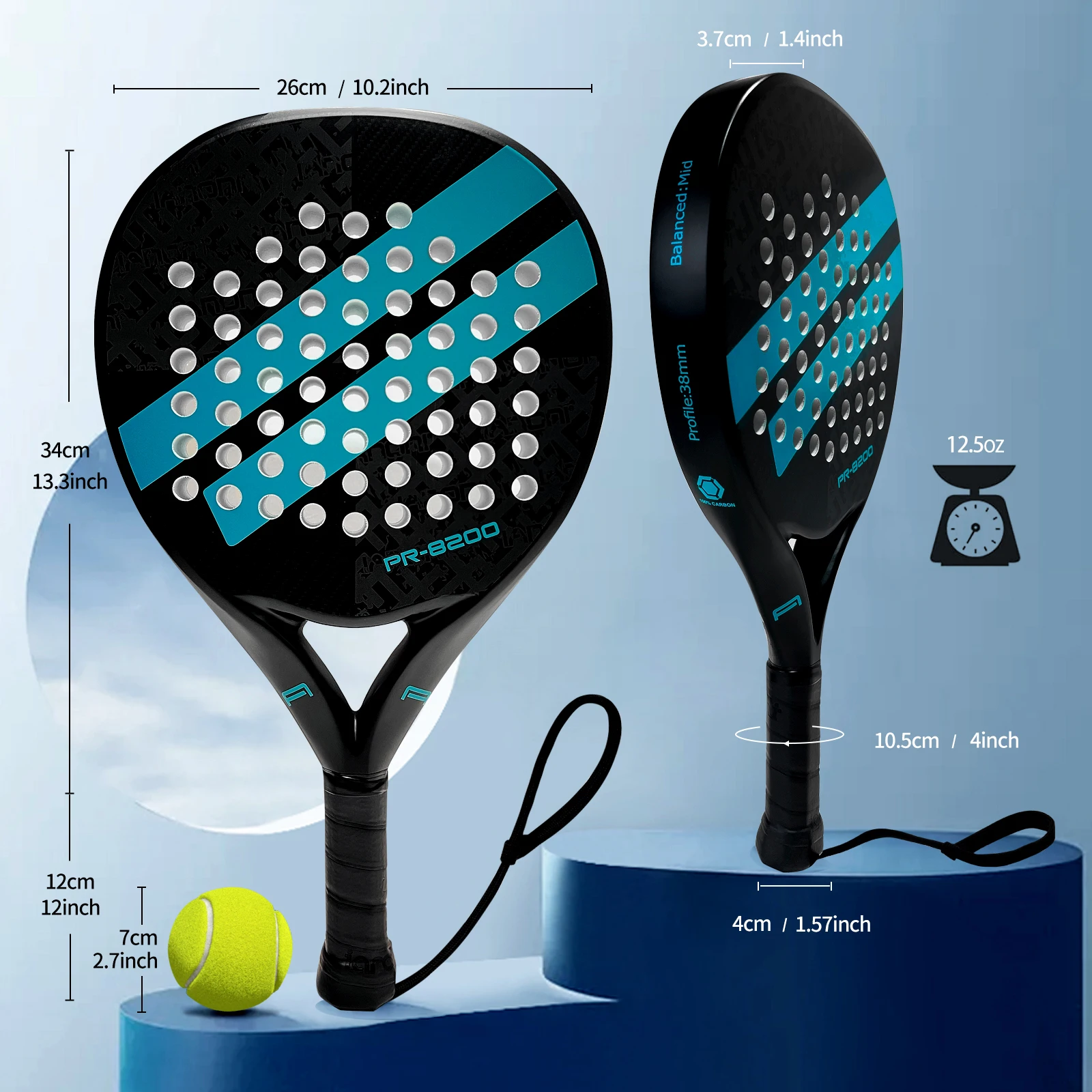 IANONI Padel Racket Set With 3 Balls Carbon Fiber Surface with EVA Memory Flex Foam Core Lightweight Padel Racquet