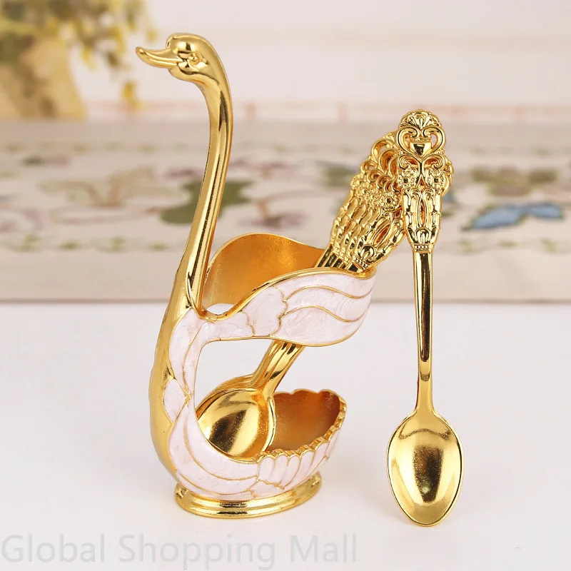 Creative Dinnerware Set Decorative Swan Base Holder 6 Spoons or Folks for Coffee Fruit Dessert Stirring Mixing cutlery set western style cutlery set picnic cutlery set