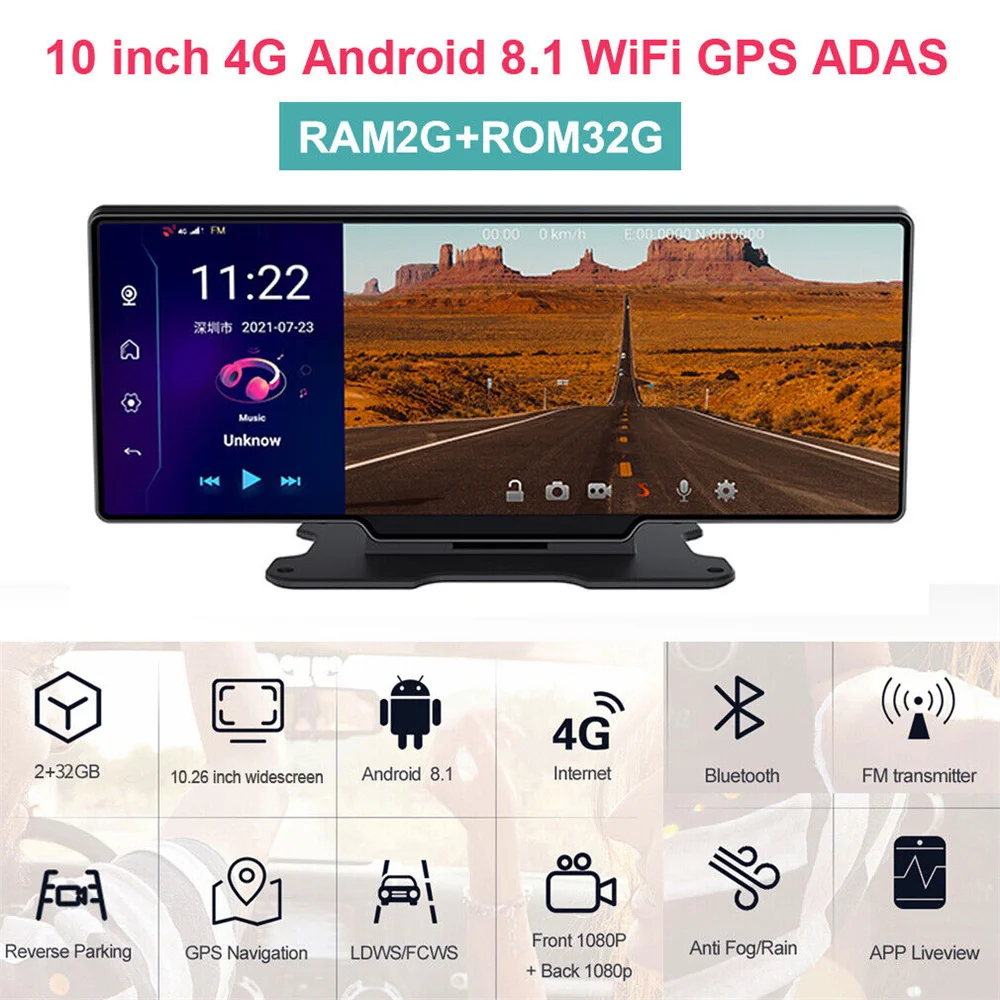

10" 4G LTE Android 10 Car Dash Cam Dual 1080P Cameras GPS Navigation Live Remote Monitor Carplay & Android Auto WiFi Bluetooth