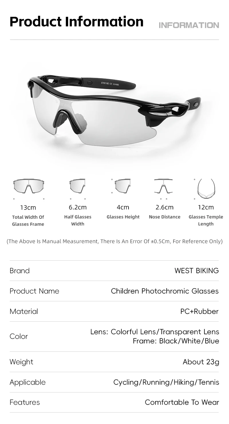 WEST BIKING Kinder-Fahrradbrille, bunt/photochrom, UV400, Outdoor-Sonnenbrille, winddichte Schutzbrille, MTB, Rennrad, Brillen – Detail 4