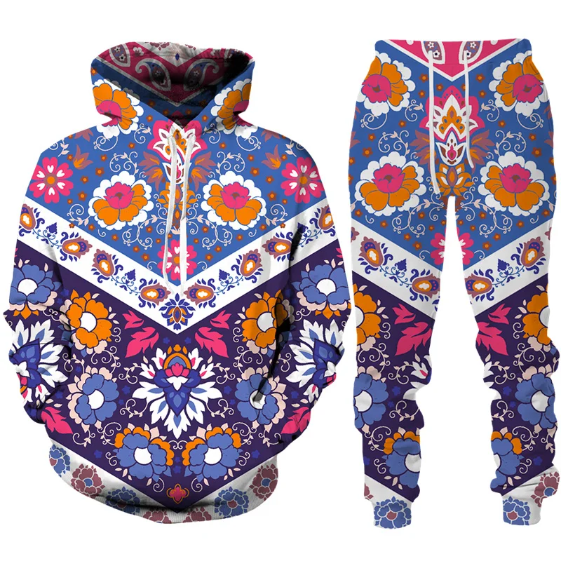 

New 3D Printing Colorful Cashew FlowerFashion Men Women Tracksuits Crewneck Hoodies+pants Plus Size S-7XLHarajuku Clothes Casual