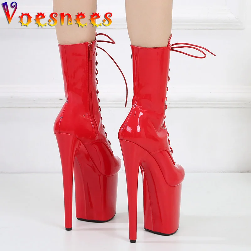 

Voesnees Brand High Heel Women Boots 20CM Patent Leather Sexy Fish Mouth Shoes Comfortable Nightclub Woman Platform Short Boot