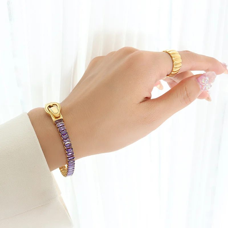 Colorful Zircon Elastic Belt Buckle Bracelet for Women – Trendy Stainless Steel Jewelry Accessory