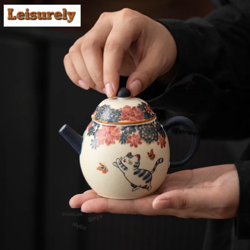 180ML Hand Painted Cat Scent Dragon Egg Teapot Retro Tea Infuser Pot Tea Soaking Kettle With Filter Teaware Supplies Collection