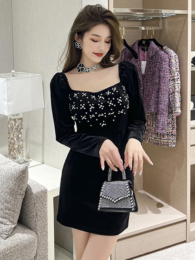 

Elegant Sexy Retro Mini Dresses for Women 2023 Velvet Black Skinny Dress Diamonds Long Sleeve Female Clothing Prom Party Vestido