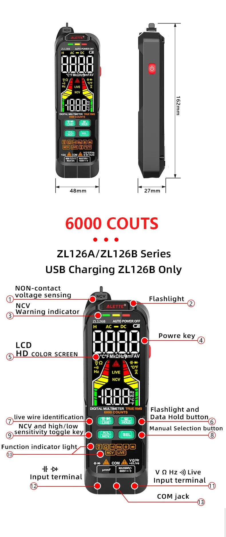 USB Charge Multimetro Digital Profesional AC DC Current Voltage Detector Pen Tru