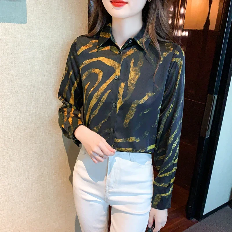 

YCMYUNYAN-Satin Printed Shirts for Women, Vintage Silk Stripes Blouses, Polo-Neck Clothing, Loose Women Tops, Spring and Summer