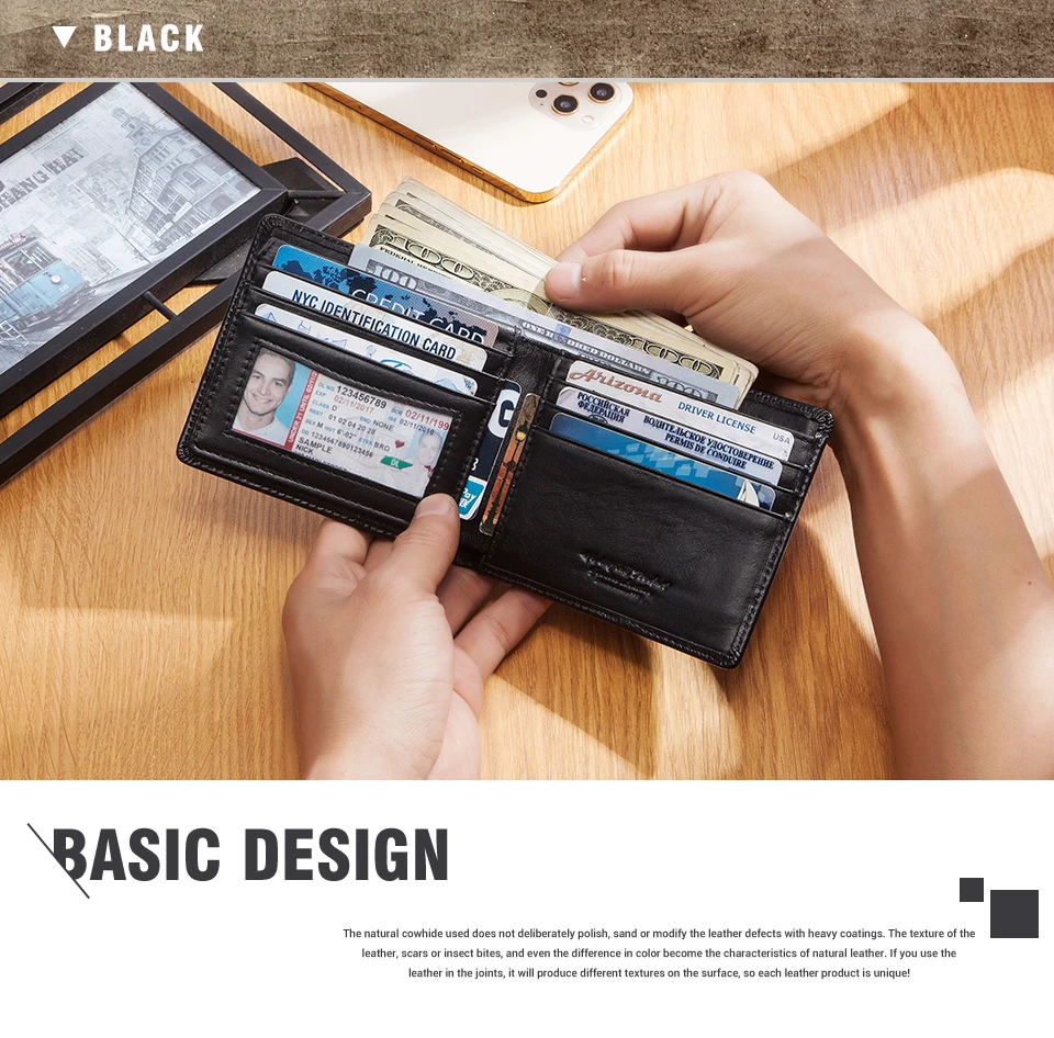 Real Leather RFID Trifold Wallet for Men - Slim Airtag Card Holder with ID Window