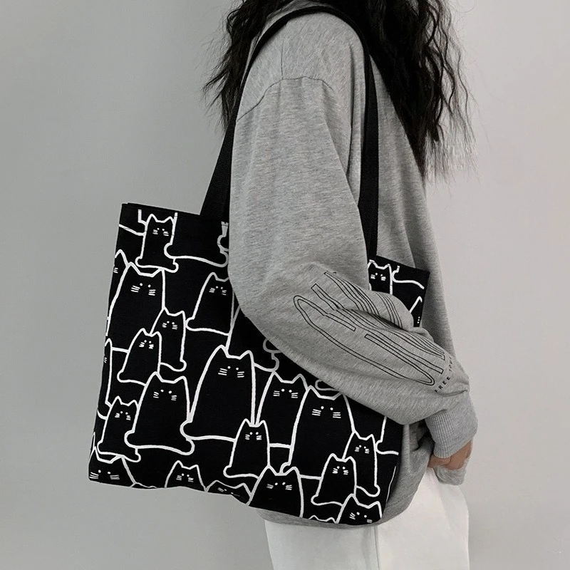 Stylish Cat Pattern Student School Bags, Large Capacity Canvas Tote Bag , Cute Literary Handbag Shoulder Bag for Women Daily Use