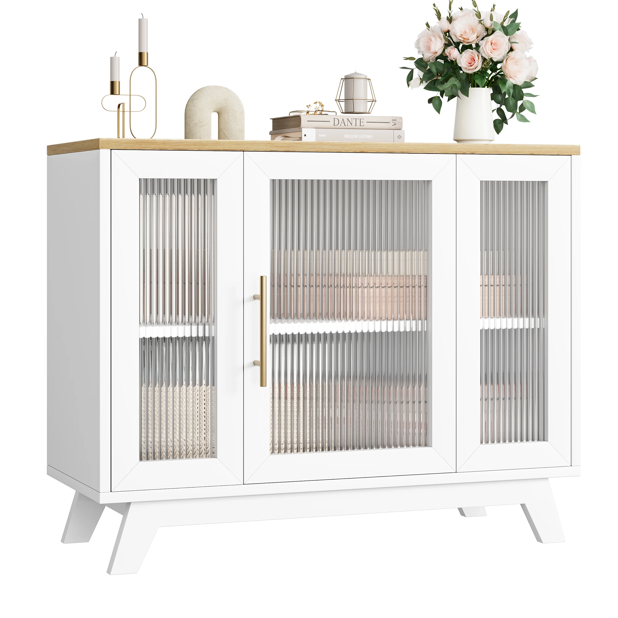 Sideboard Buffet Cabinet with Fluted Glass Door, 36" Modern Accent Storage Cabinet with 2-Tier Storage, White Coffee Bar