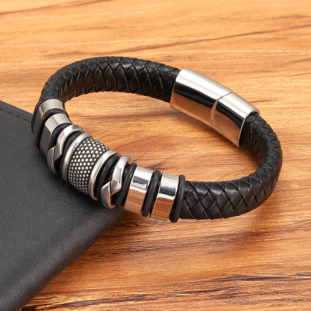Leather Bracelet XQNI Braided Rope Wrap Leather Bracelet for Men Classic Style Stainless Steel Bangle Couple Charm Jewelry Gifts
