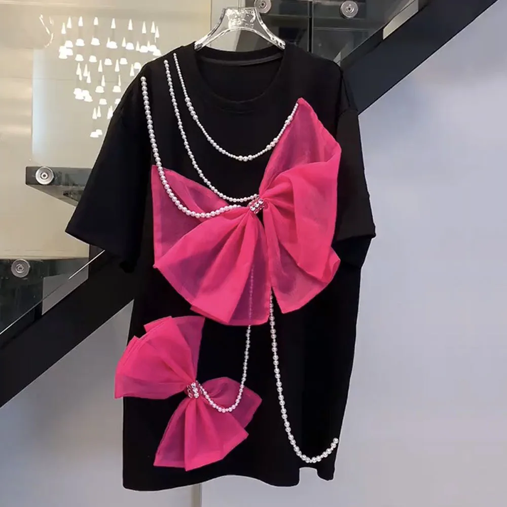 

Designer Style Summer T-Shirt Women Fashion Streetwear Pearls Chains Sweet Bows Tees Lady Oversize Kawaii Tops Female Clothes
